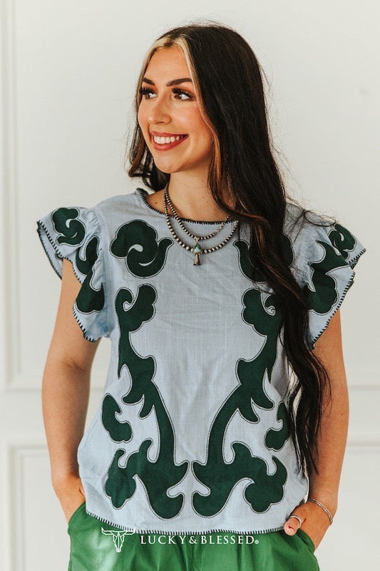 Light Blue Jade Patch Contrast Stitching Ruffle Sleeve Blouse