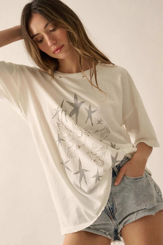 When Doves Fly Distressed Oversize Graphic Tee