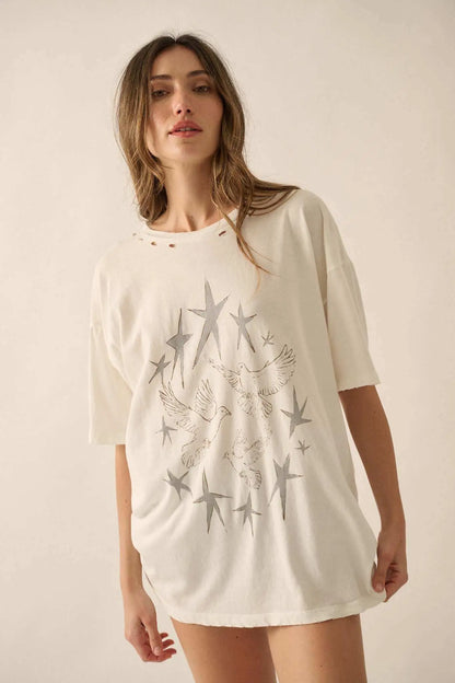 When Doves Fly Distressed Oversize Graphic Tee