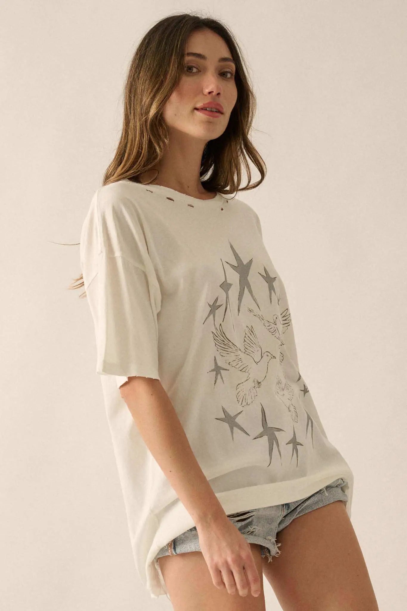 When Doves Fly Distressed Oversize Graphic Tee
