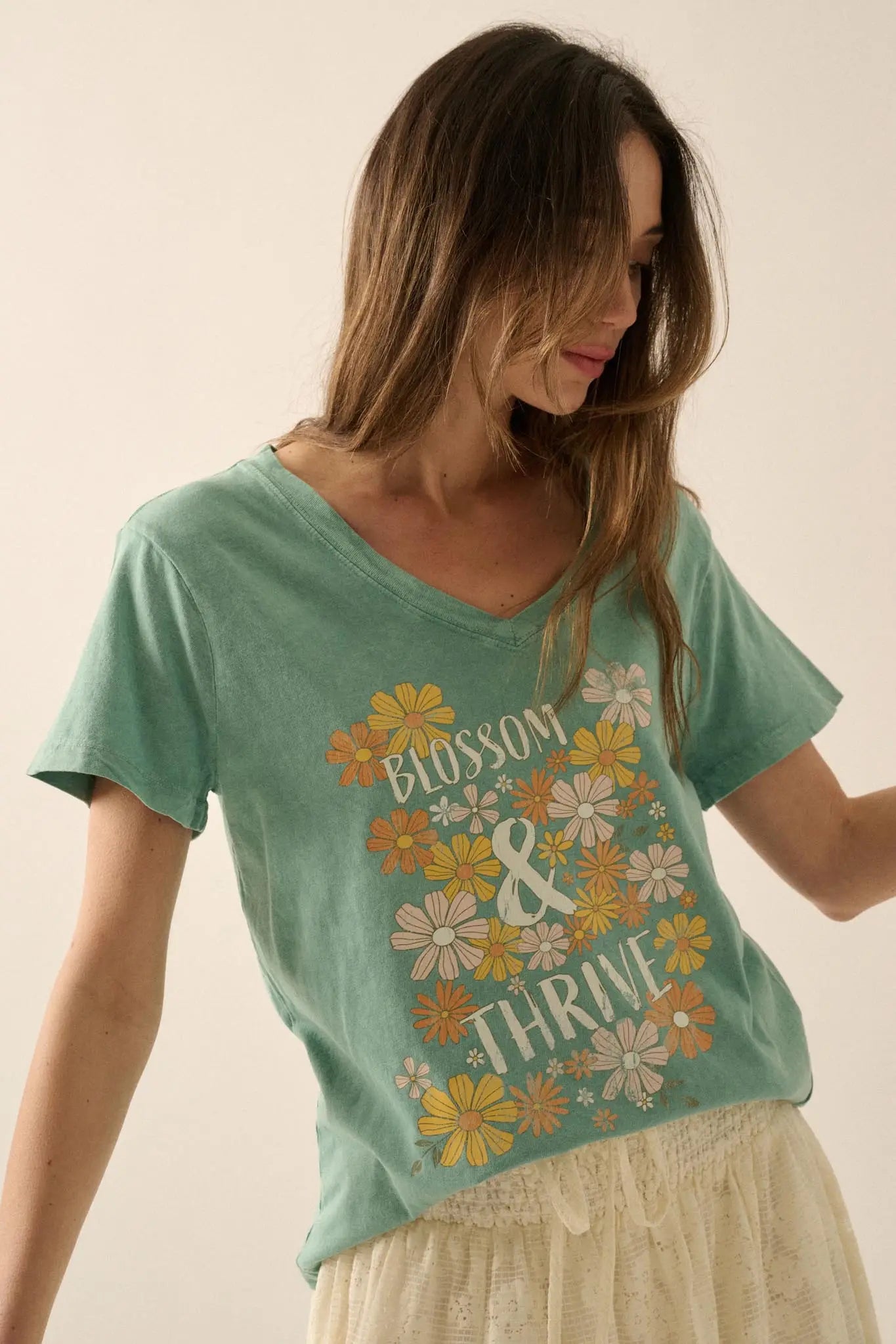 Blossom & Thrive Floral V-Neck Graphic Tee