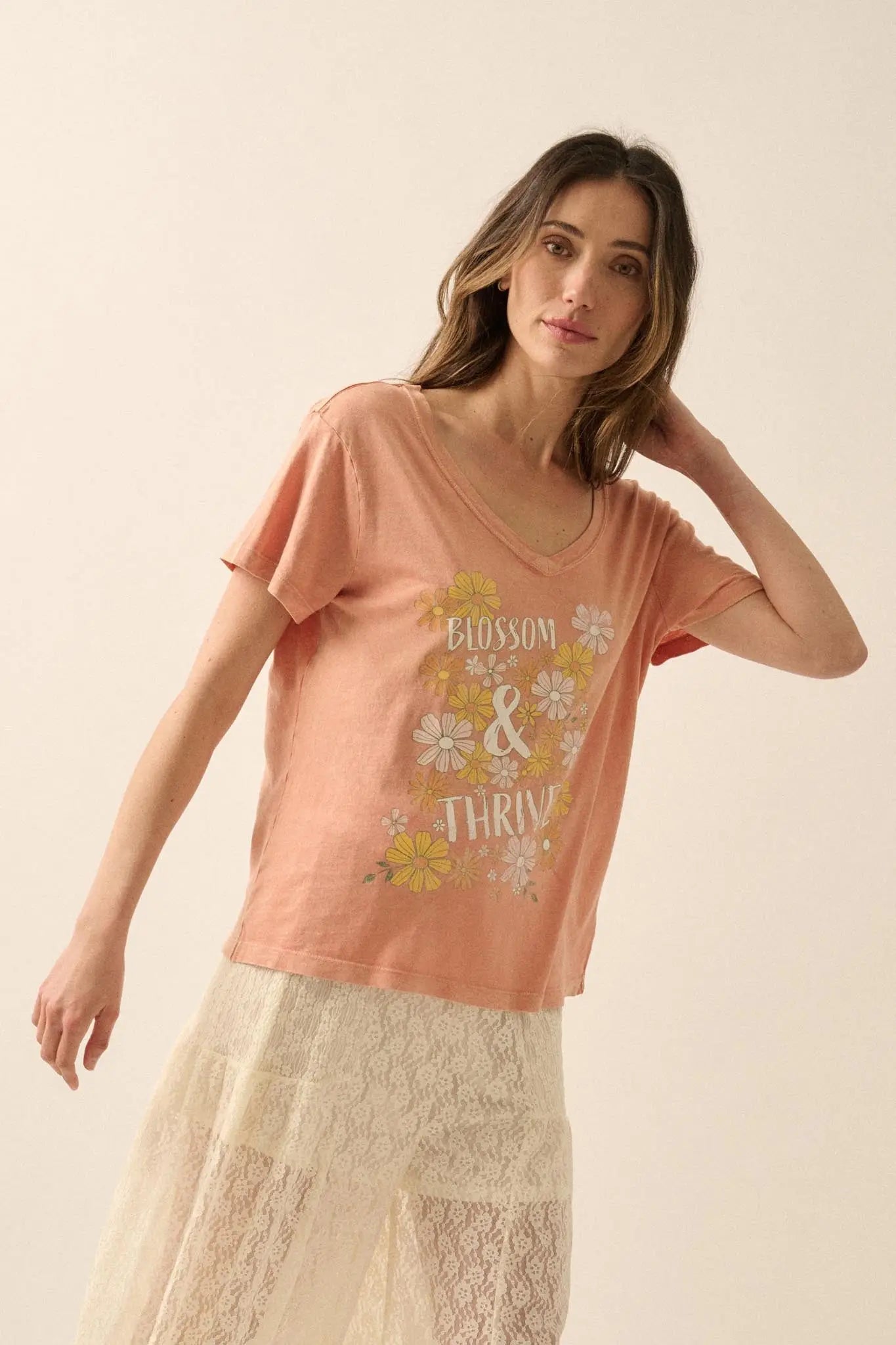 Blossom & Thrive Floral V-Neck Graphic Tee