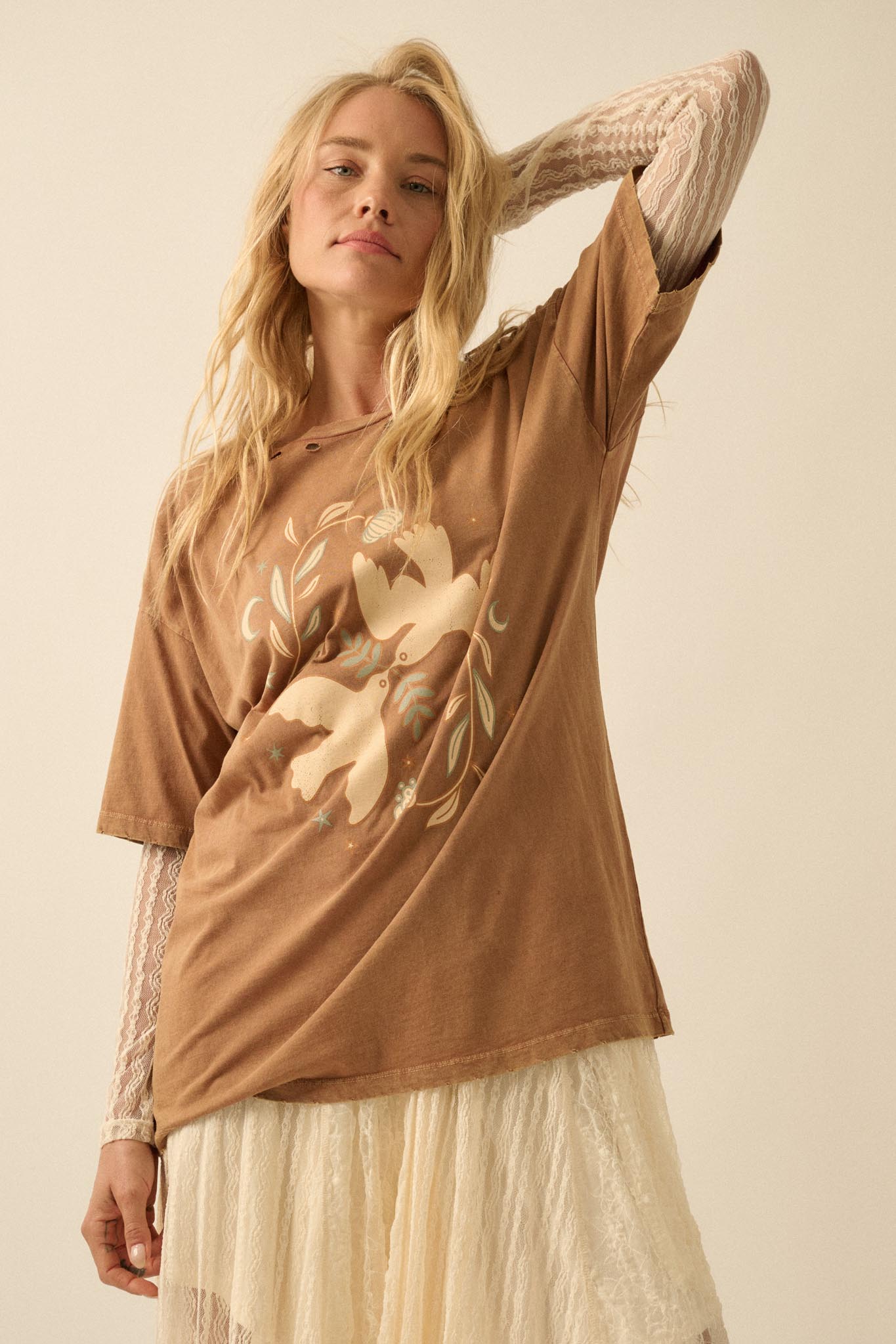Wings of Peace Distressed Oversize Graphic Tee