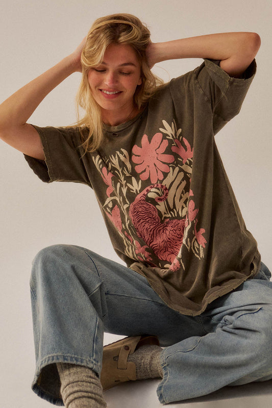 Tiger Garden Distressed Oversize Graphic Tee