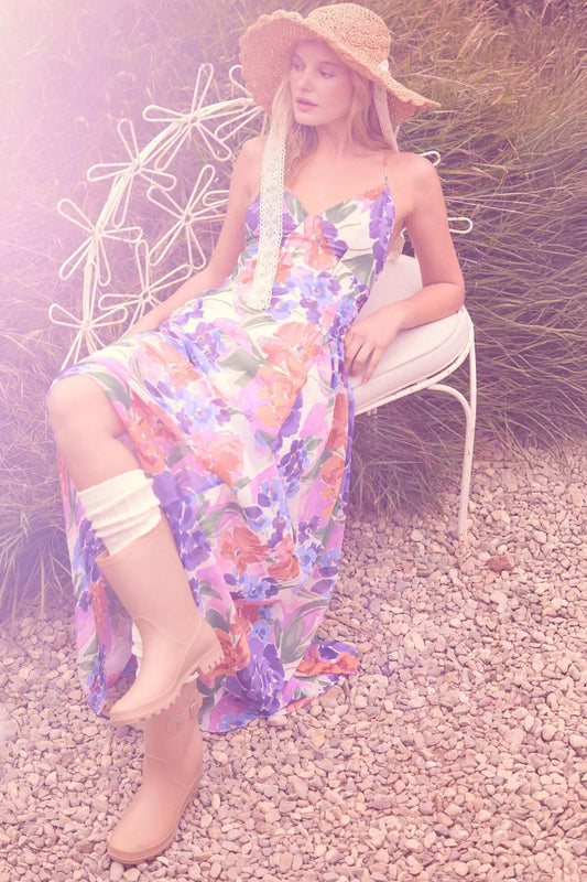 Lush Garden Floral Chiffon Open-Back Maxi Dress