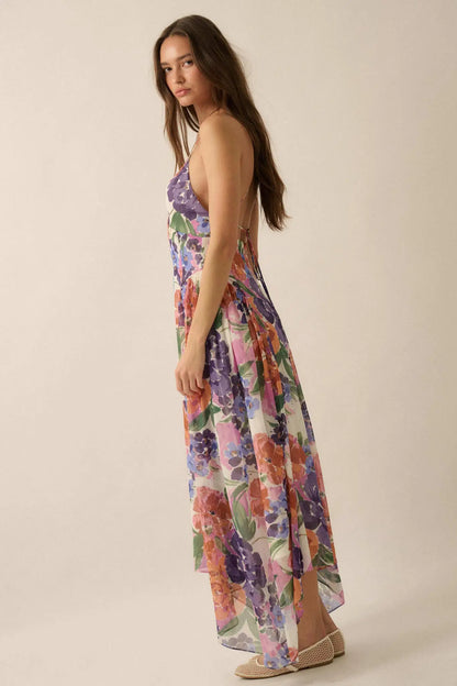 Lush Garden Floral Chiffon Open-Back Maxi Dress