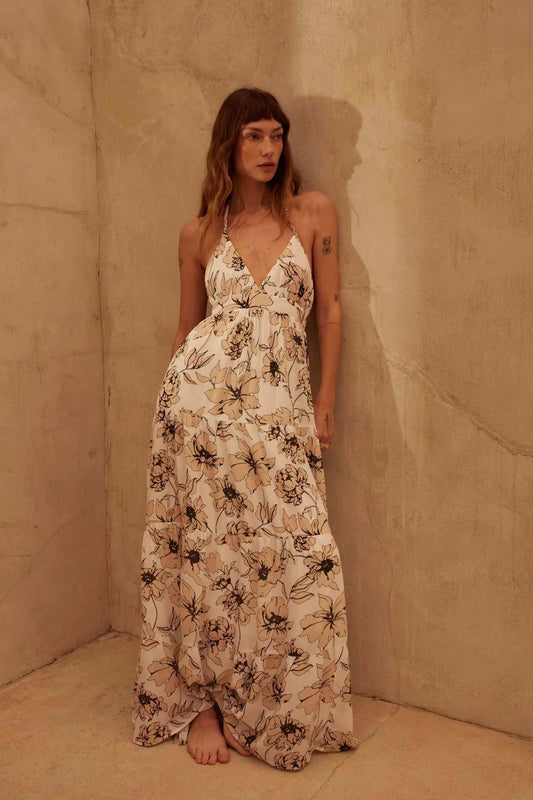 Blown Away Floral Crepe Tiered Halter Maxi Dress
