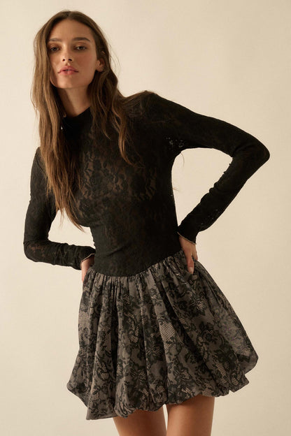Midnight Romance Lace Mock-Neck Bubble Mini Dress