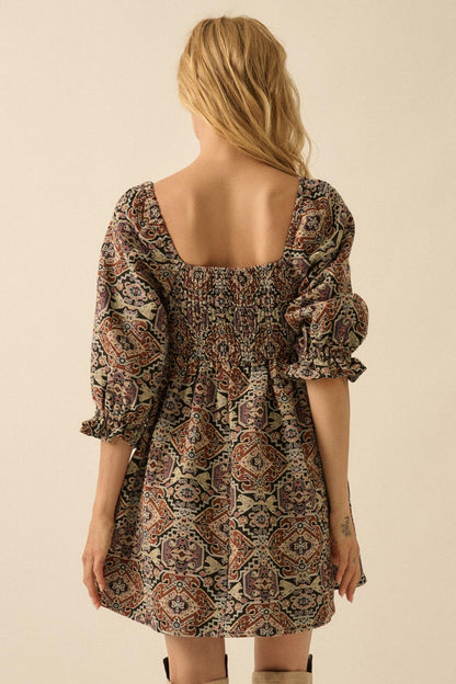 Pure Magic Tapestry Puff-Sleeve Babydoll Mini Dress
