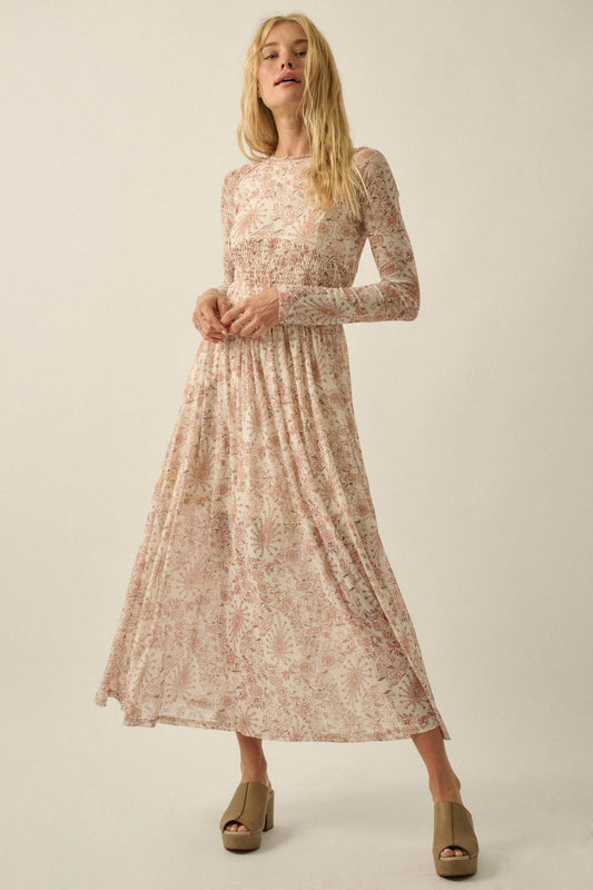 Fantasy World Paisley Mesh Smocked Midi Dress