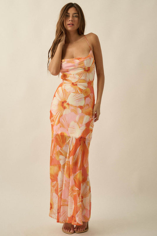 Island Blossoms Floral Chiffon Lace-Up Maxi Dress