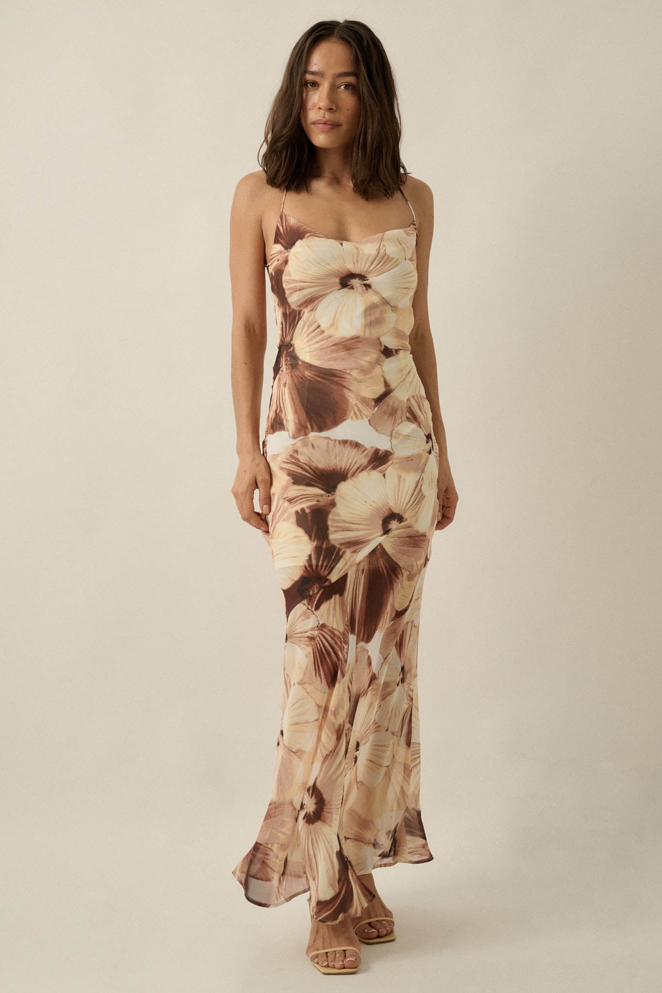 Island Blossoms Floral Chiffon Lace-Up Maxi Dress