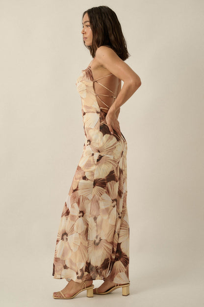 Island Blossoms Floral Chiffon Lace-Up Maxi Dress