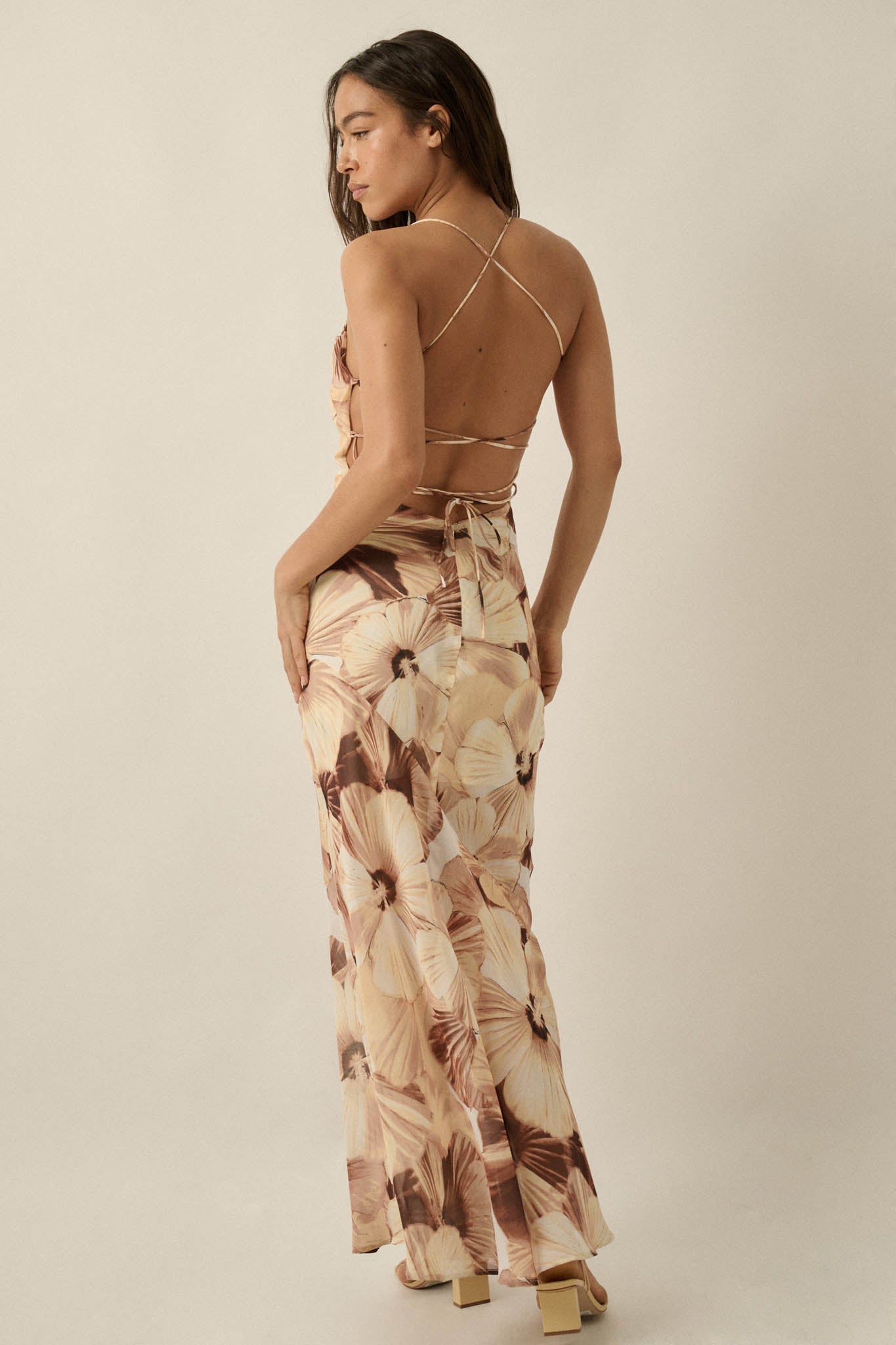 Island Blossoms Floral Chiffon Lace-Up Maxi Dress
