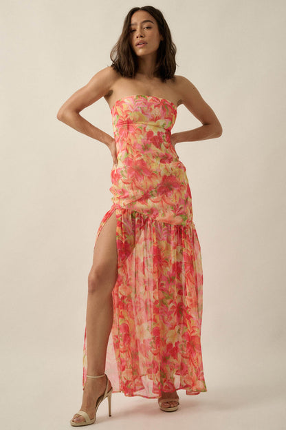 Citrine Garden Floral Chiffon Strapless Maxi Dress