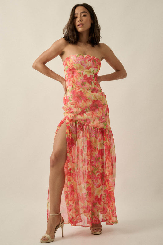 Citrine Garden Floral Chiffon Strapless Maxi Dress