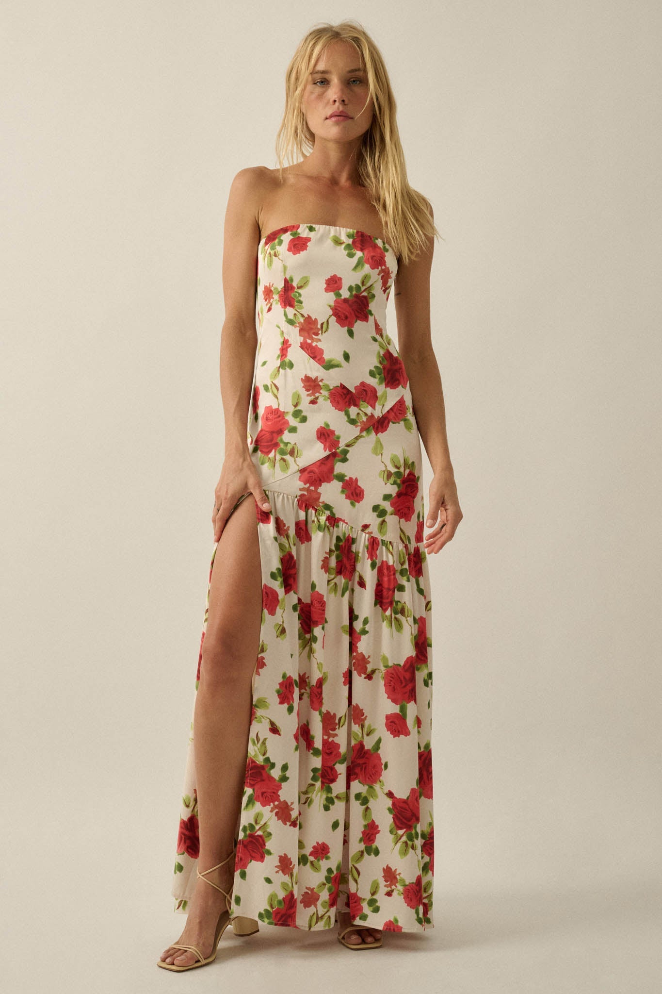 Rose Garden Floral-Print Satin Strapless Maxi Dress
