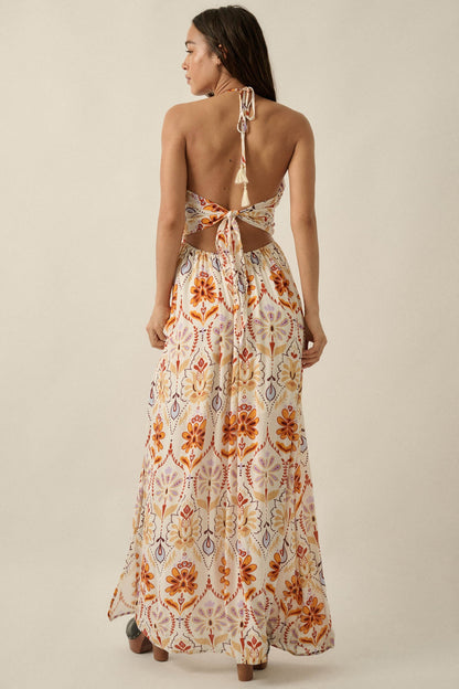 Rare Blooms Floral Medallion-Print Halter Maxi Dress