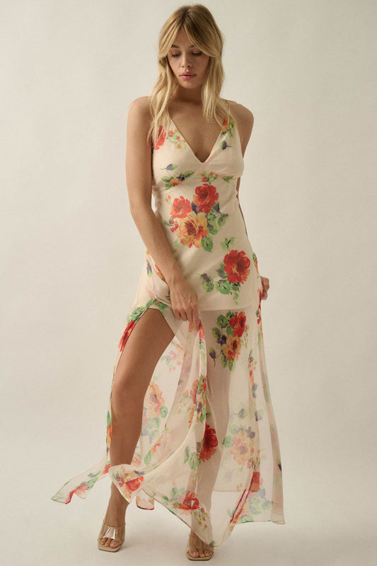 Enchanting Blooms Floral Chiffon Open-Back Maxi Dress