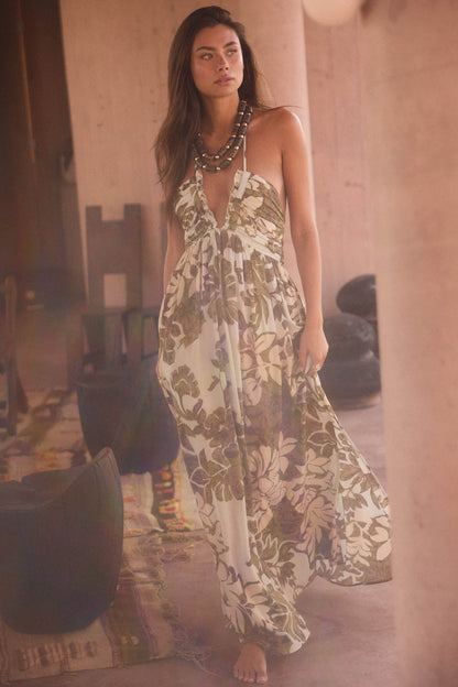 Jungle Beauty Leaf-Print Tie-Back Halter Maxi Dress