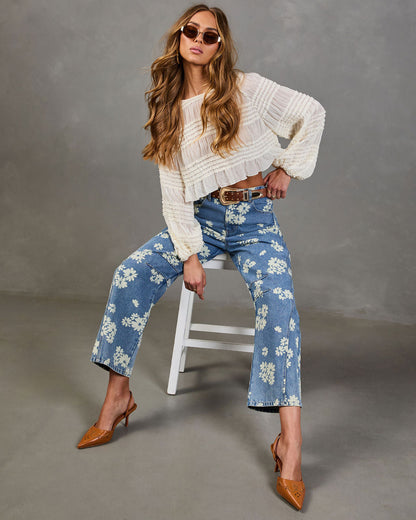 Daisy Ridge Rigid Barrel Leg Mid Rise Floral Jeans