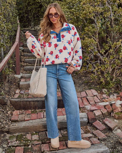 Adilia Printed Fleece Denim Trim Sweatshirt