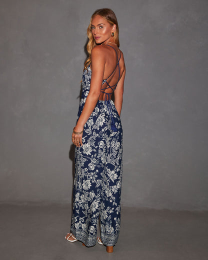 Florencia Printed Lace Up Back Pocketed Jumpsuit