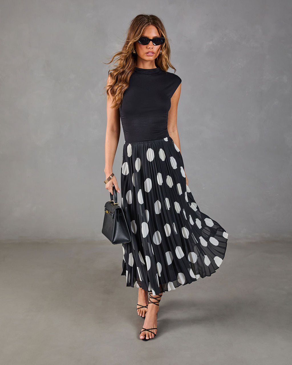 Evening Icon Pleated Polka Dot Midi Skirt