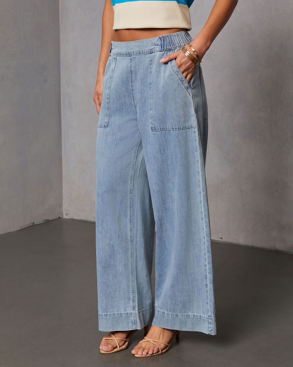 Bobi Relaxed Mid Rise Elastic Waistband Pull On Jeans