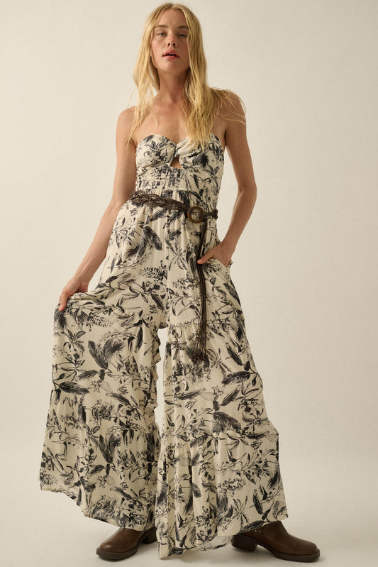 Sultry Season Tropical Strapless Wide-Leg Jumpsuit