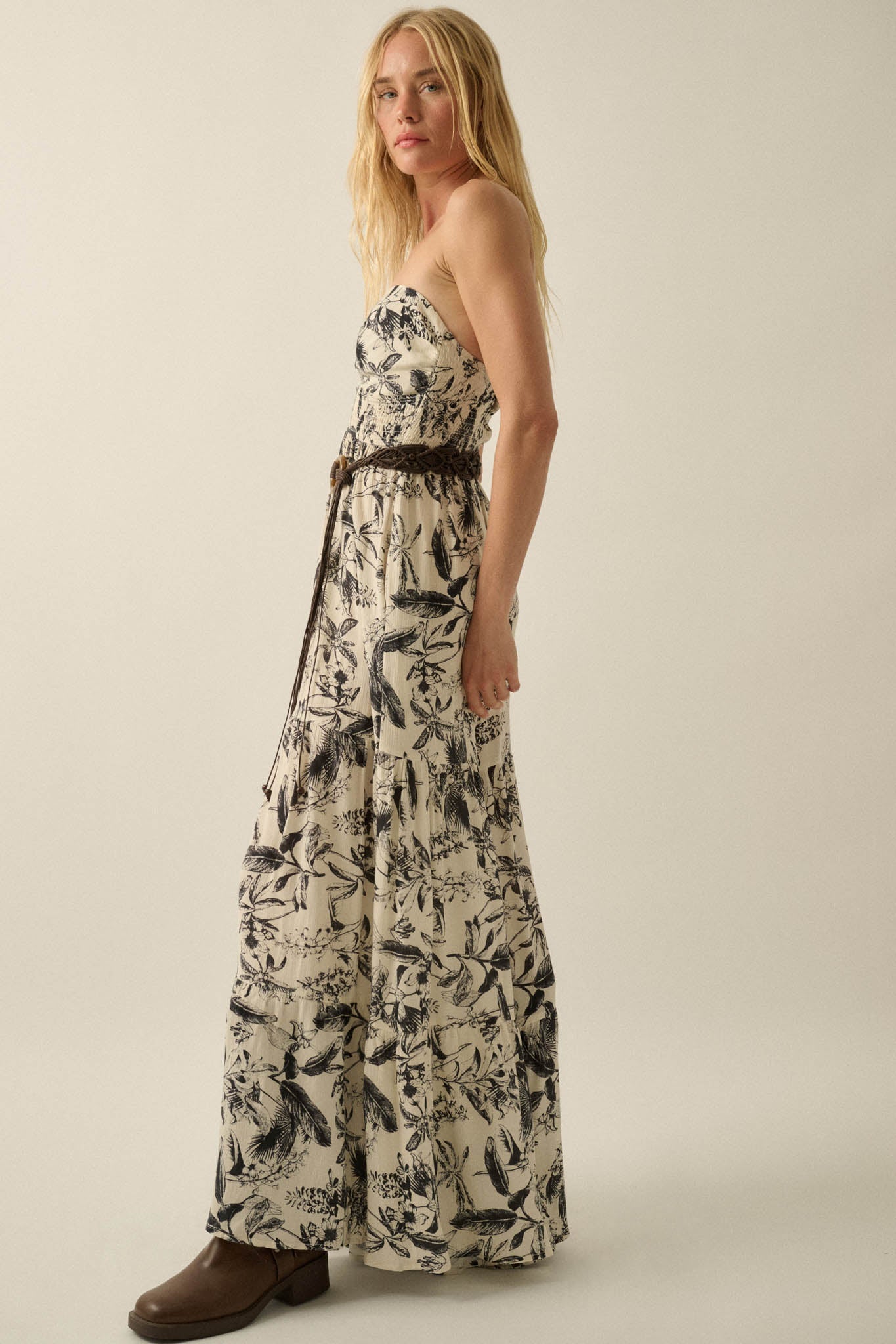 Sultry Season Tropical Strapless Wide-Leg Jumpsuit