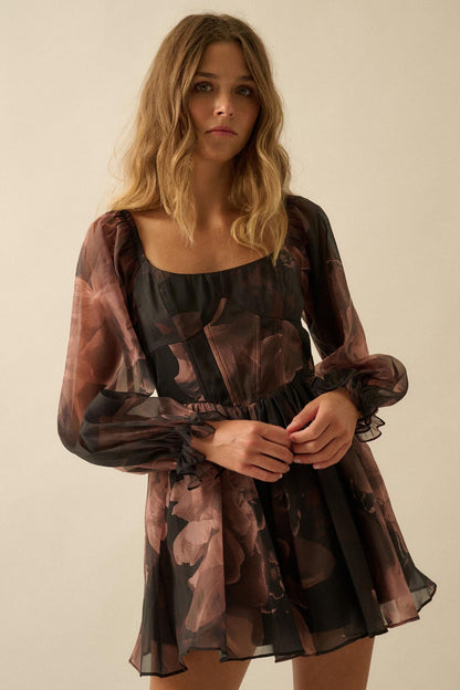 Rich Blossoms Floral Organza Corset Romper Dress