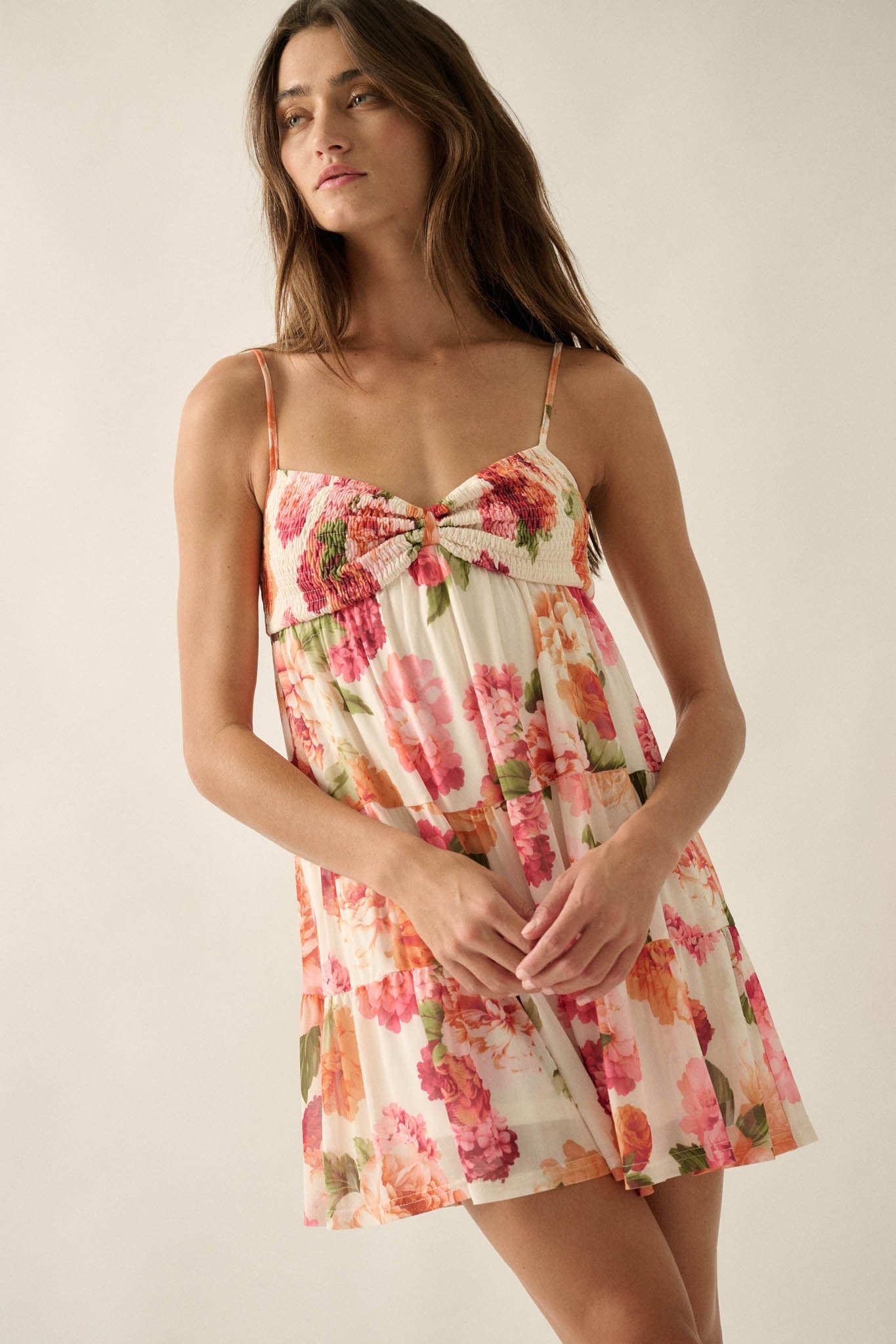 Enchanted Garden Floral Mesh Tiered Babydoll Romper