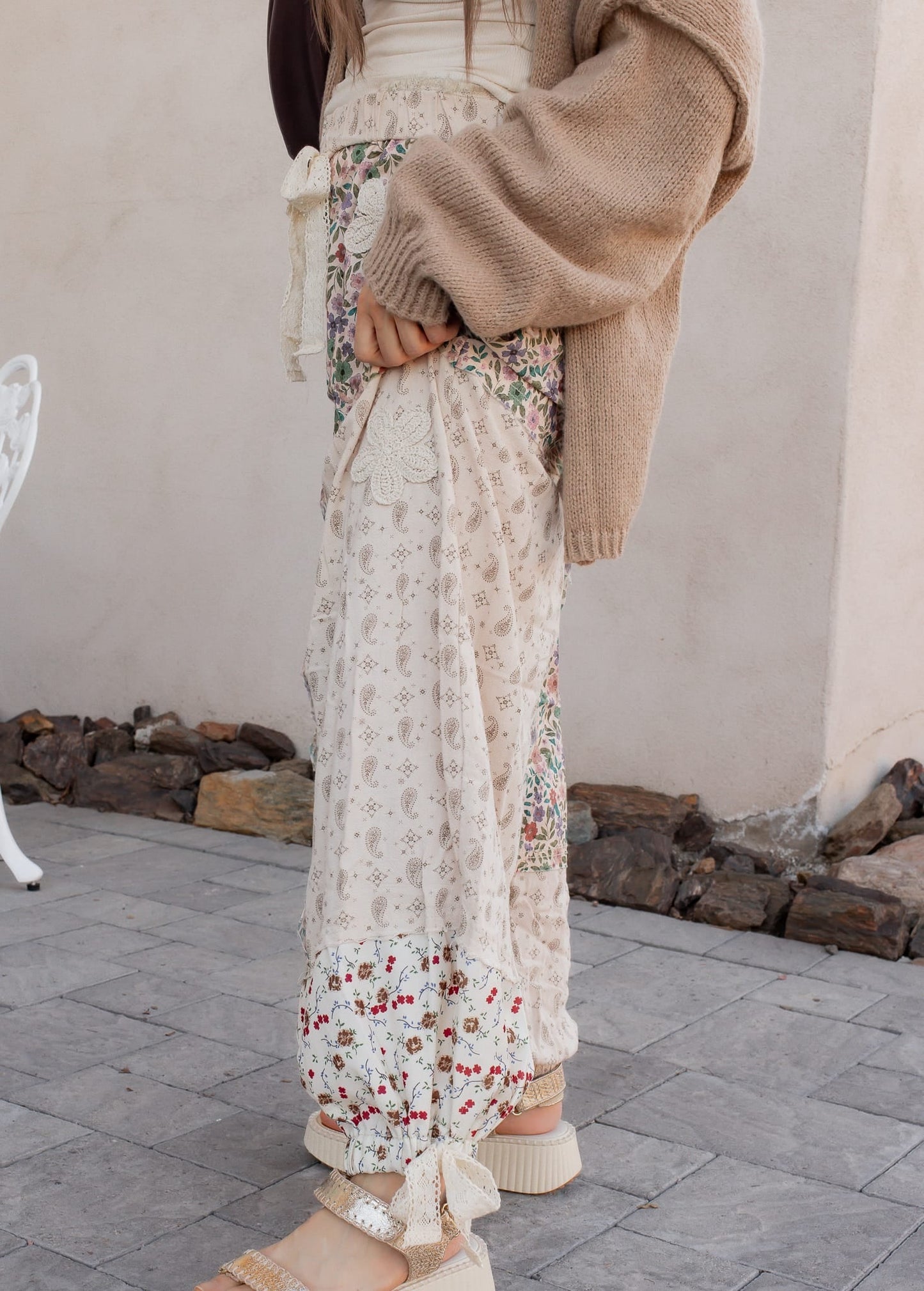 POL Boho Patchwork Crochet Wide-Leg Pants