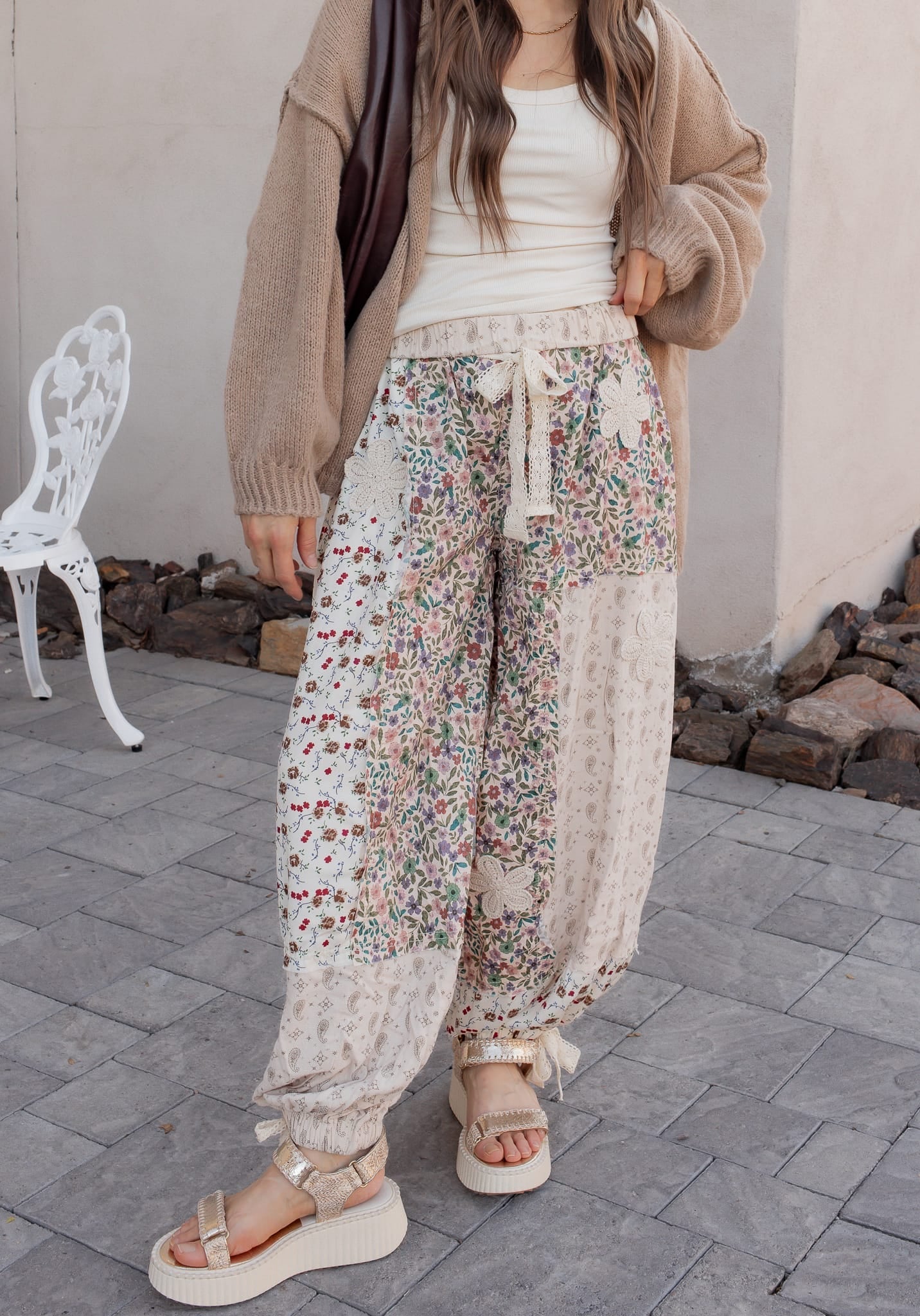POL Boho Patchwork Crochet Wide-Leg Pants
