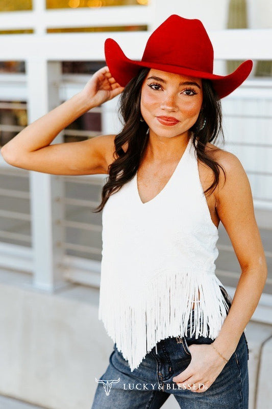 Ivory Lace Fringe Hem Halter Top