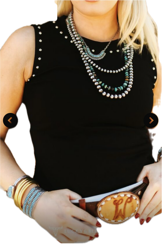 Black Vintage Silver Studded Tank Top