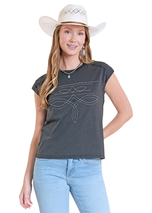 Panhandle Slim Distressed Black Boot Stitch Embroidered Jersey Tee
