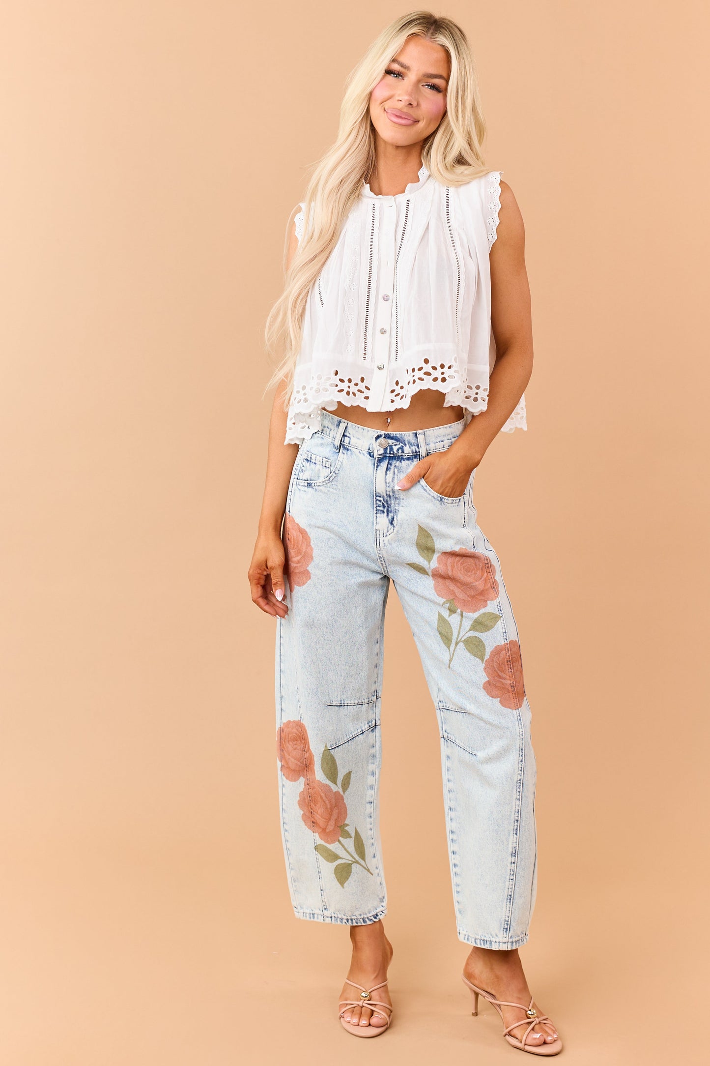 Light Acid Wash Rose Print Crop Barrel Jeans