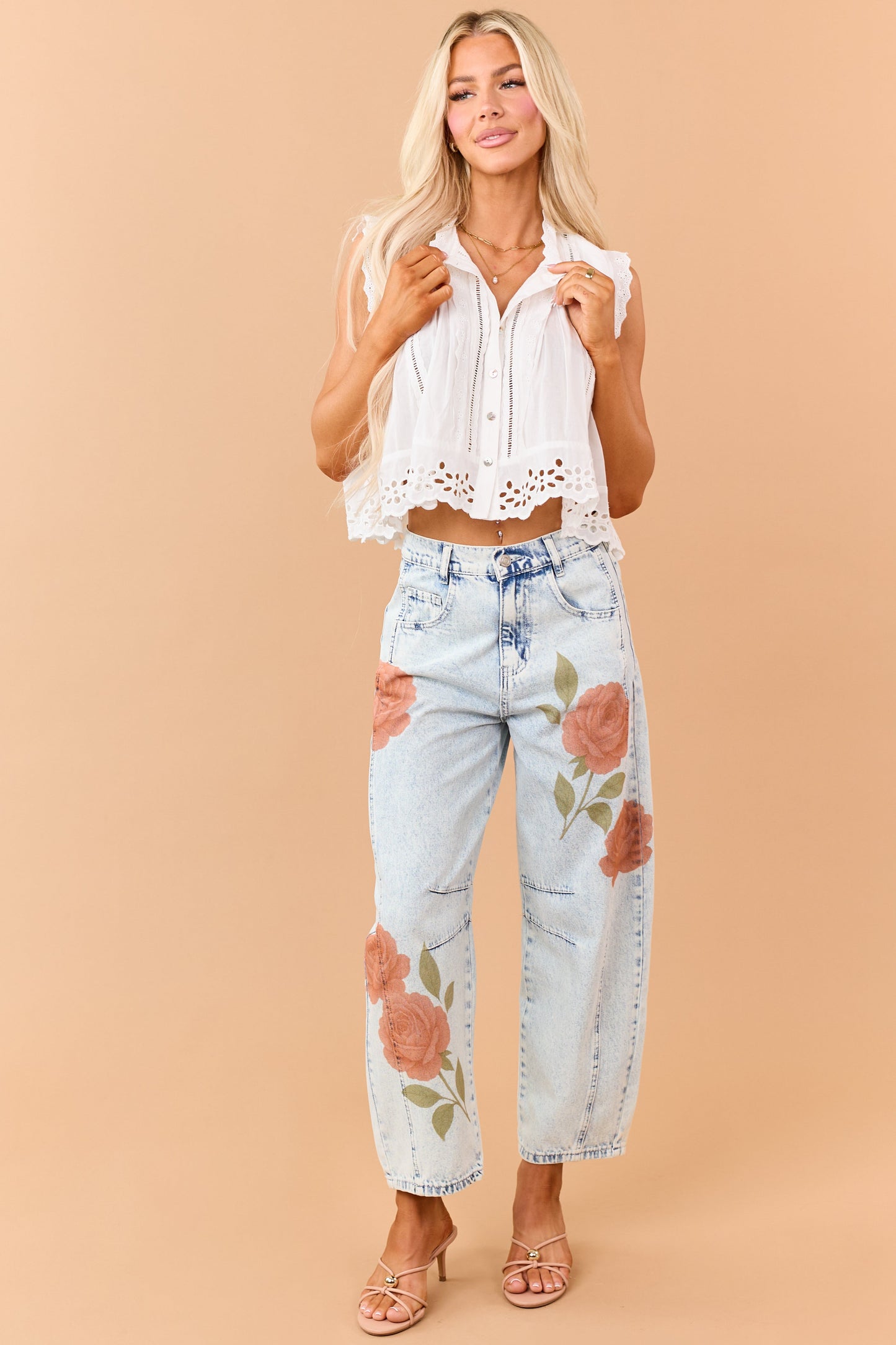 Light Acid Wash Rose Print Crop Barrel Jeans