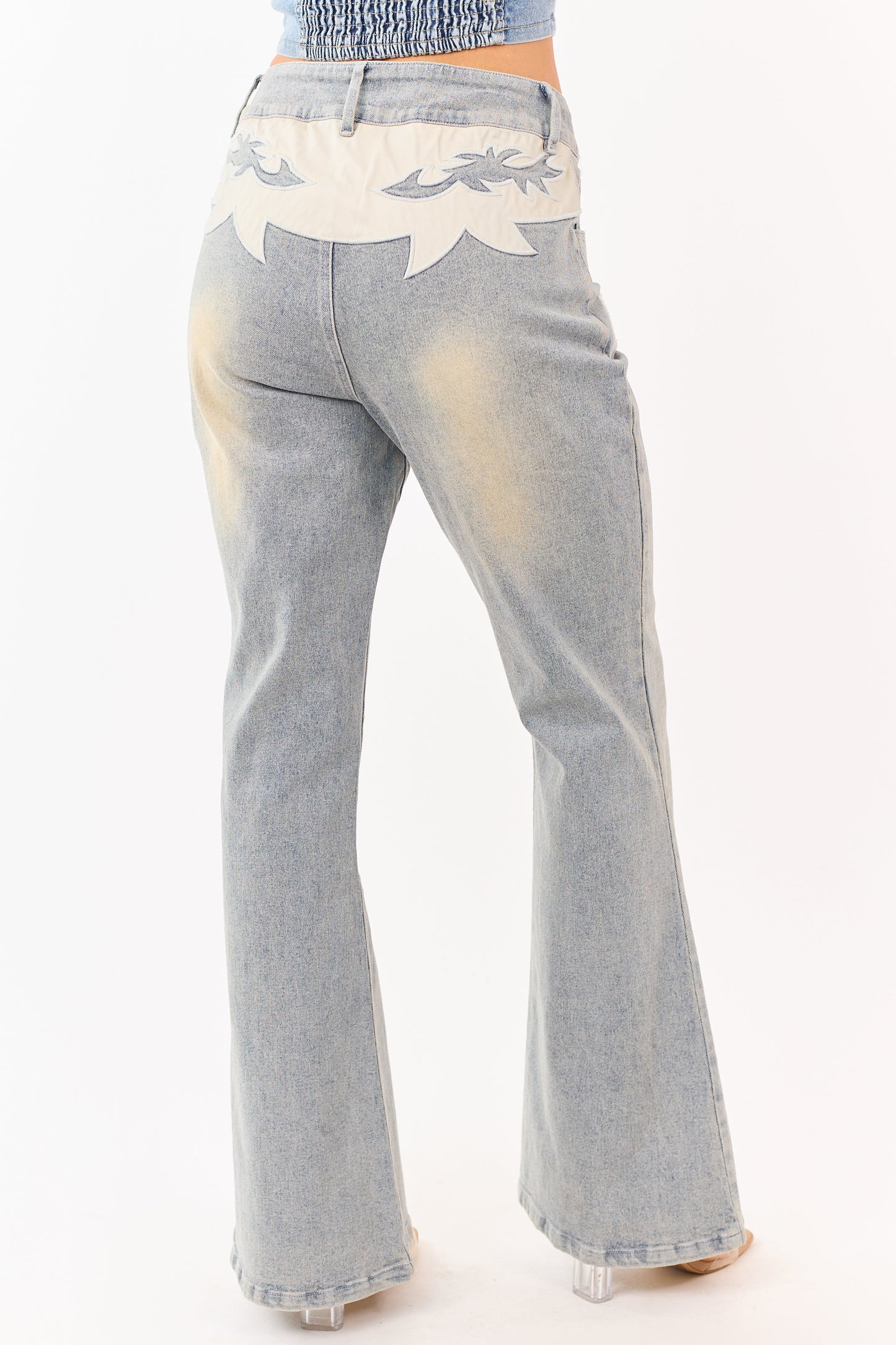 Light Stone Wash Western Patch Bootcut Stretch Jeans