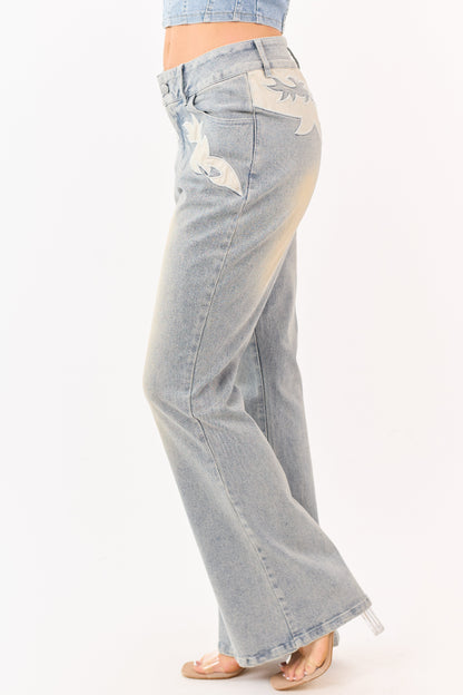 Light Stone Wash Western Patch Bootcut Stretch Jeans