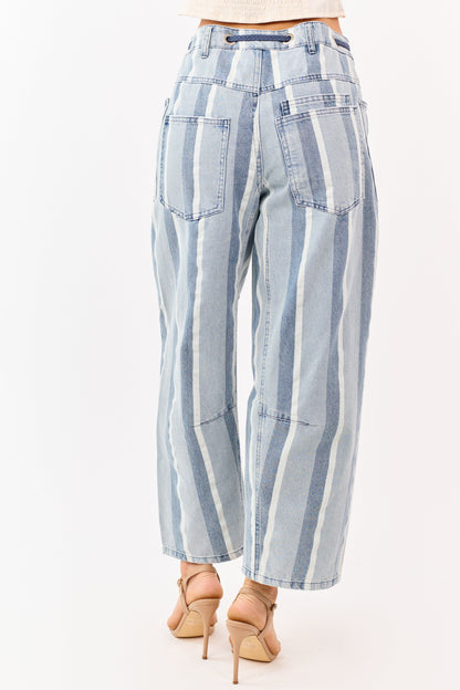 Light Wash Striped Denim Patch Pocket Barrel Pants