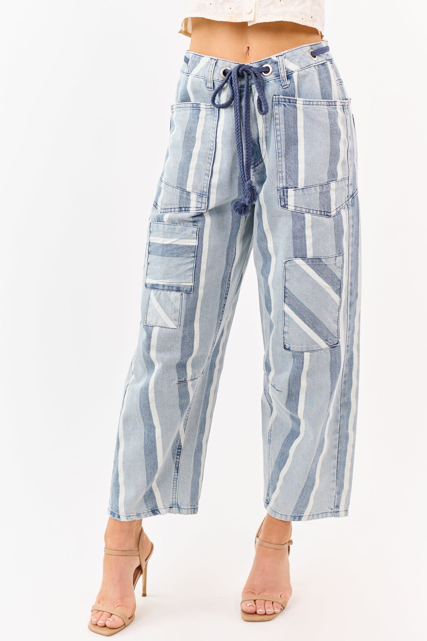 Light Wash Striped Denim Patch Pocket Barrel Pants