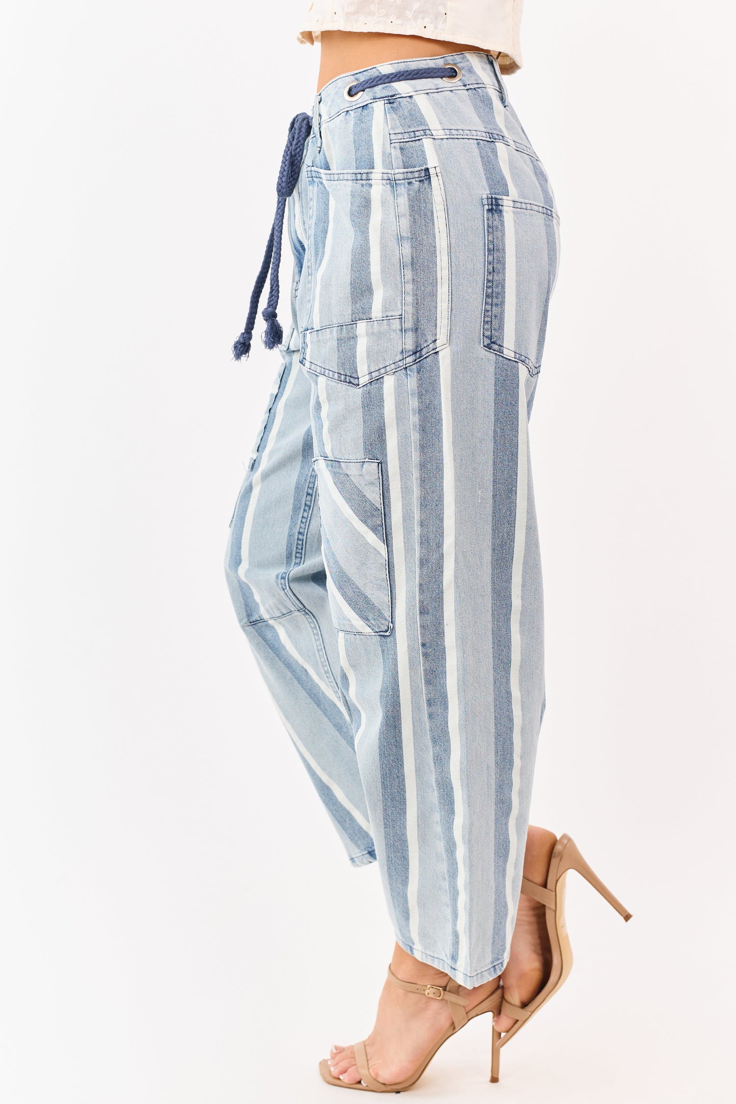 Light Wash Striped Denim Patch Pocket Barrel Pants