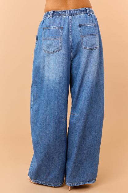 Listicle Medium Wash Denim Drawstring Wide Leg Pants