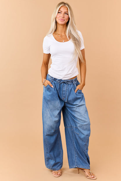 Listicle Medium Wash Denim Drawstring Wide Leg Pants
