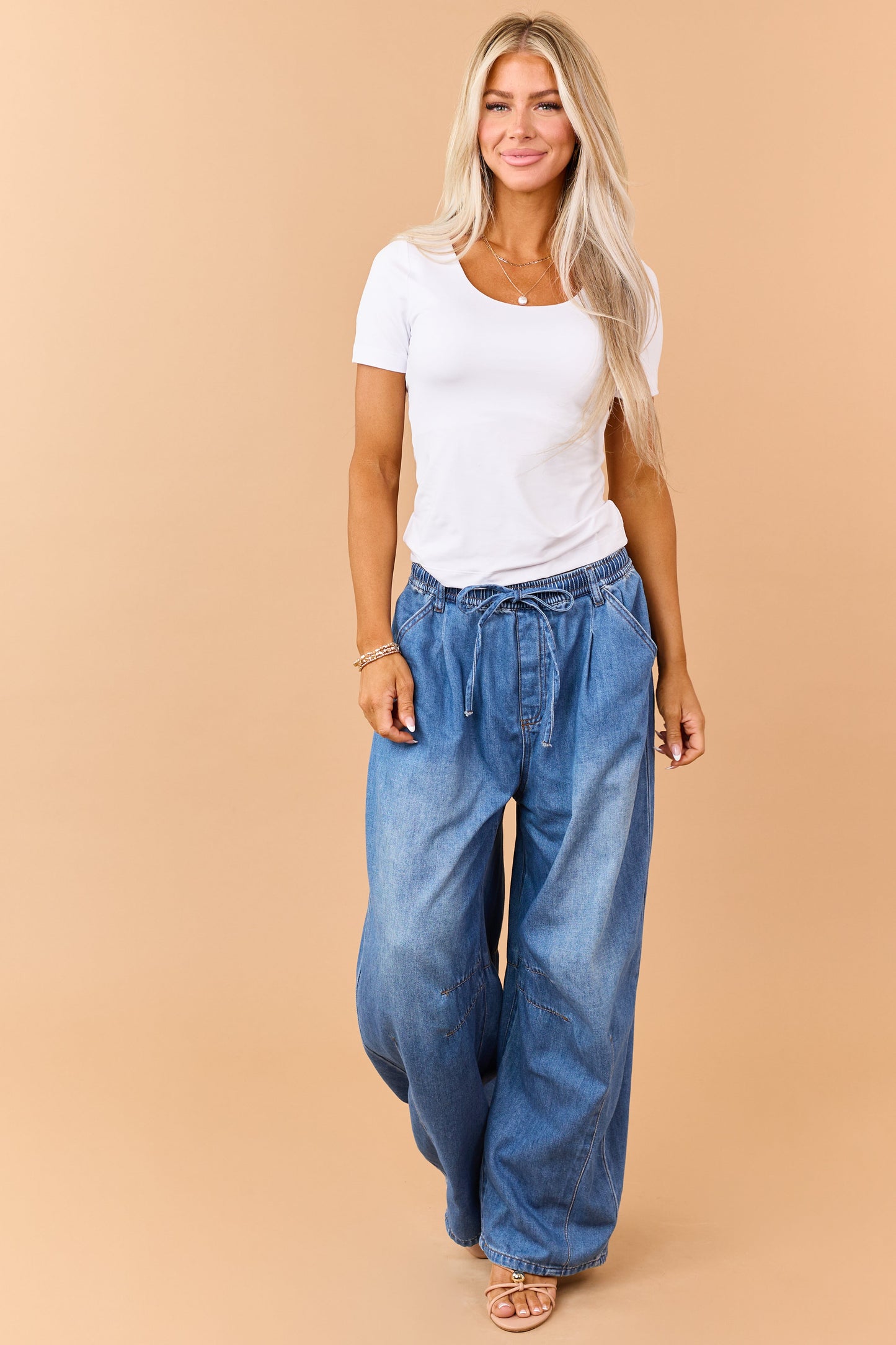 Listicle Medium Wash Denim Drawstring Wide Leg Pants