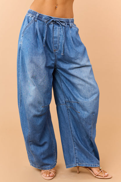 Listicle Medium Wash Denim Drawstring Wide Leg Pants