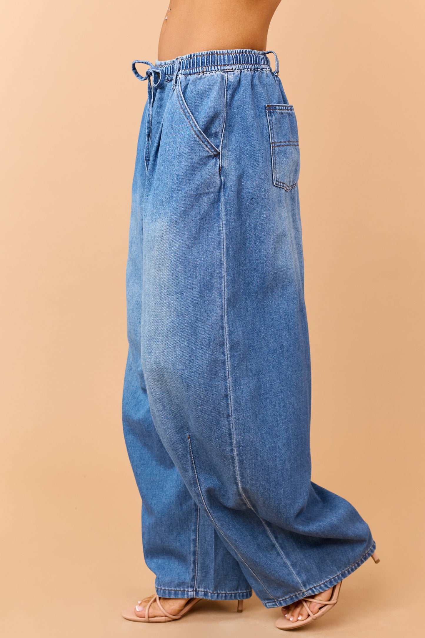 Listicle Medium Wash Denim Drawstring Wide Leg Pants